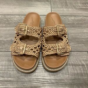 Kylie Woven Braided Tan Sandals with Buckle Detail
